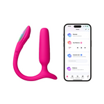 Rosa fjernstyrt vibrator med tilhørende mobilapp på hvit bakgrunn