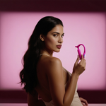 Kvinne med langt mørkt hår holder rosa sexleketøy foran rosa bakgrunn