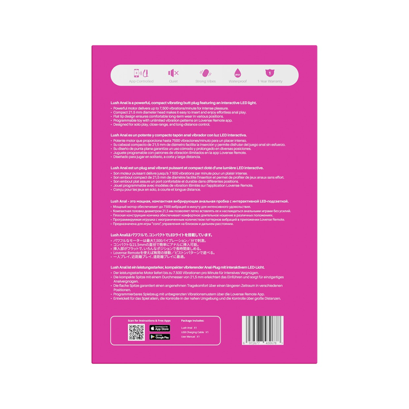 Bakside av rosa eske med produktbeskrivelse for vibrerende analplugg, appstyrt og vanntett.