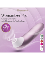 Lilla Womanizer Pro klitorisstimulator med Pleasure Air Technology, fem fargevalg vises.