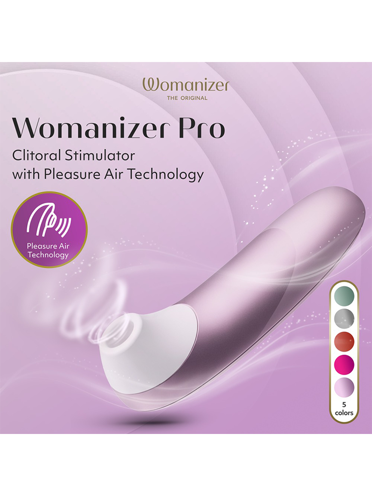 Lilla Womanizer Pro klitorisstimulator med Pleasure Air Technology, fem fargevalg vises.