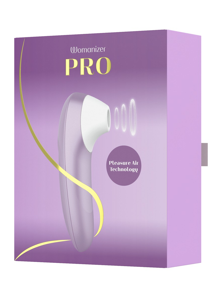 Lilla Womanizer Pro eske med sexleketøy for kvinner, Pleasure Air Technology tekst på forsiden.