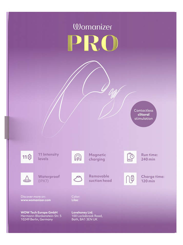 Lilla Womanizer Pro eske med produktdetaljer, erotisk sexleketøy for kvinner