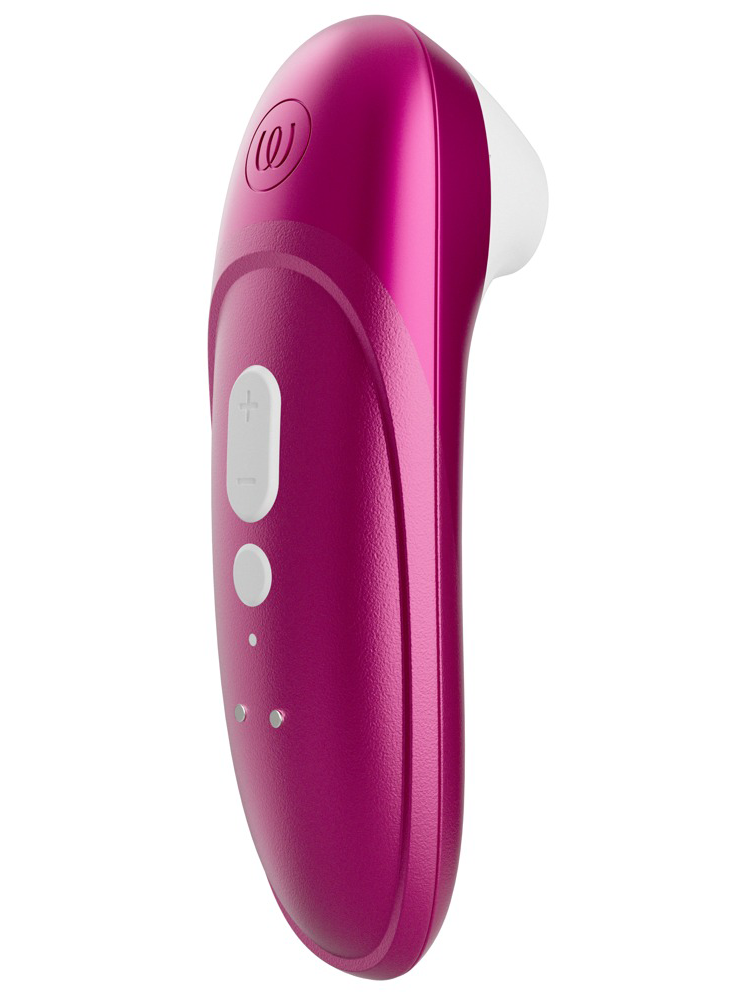 Rosa klitorisstimulator med hvite knapper og detaljer, sexleketøy for kvinner.