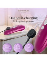 Rosa Womanizer med magnetisk ladekabel på nattbord, ikoner for batteri og 4 timers brukstid.