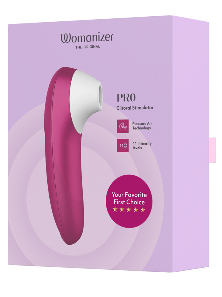 Womanizer Pro klitorisstimulator på rosa eske med 11 intensitetsnivåer, sexleketøy for kvinner.