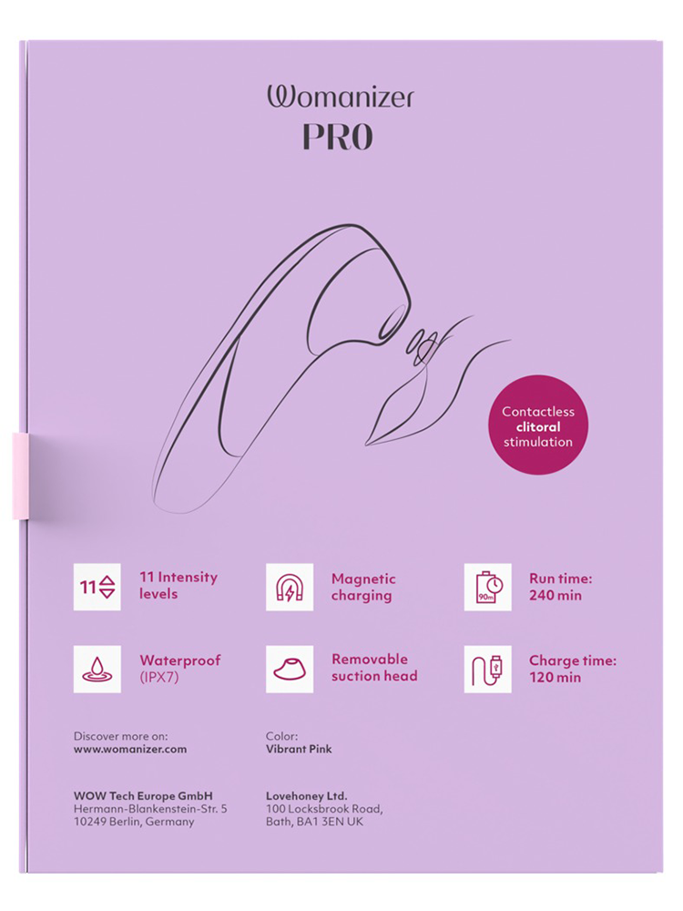 Lilla eske med Womanizer PRO, sexleketøy, 11 intensitetsnivåer, vanntett og magnetisk lading.