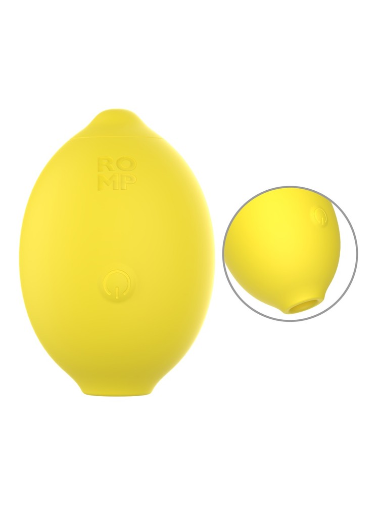 ROMP Lemon Crush – gul klitorisstimulator formet som en sitron, med innfelt bilde av åpningen