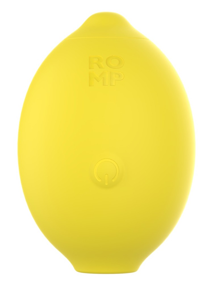 ROMP Lemon Crush – sitronformet klitorisstimulator sett forfra med ROMP-logo og knapp