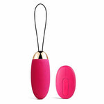 Pink wireless remote control egg vibrator with gold detail and black retrieval cord