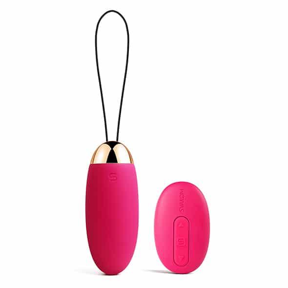 Pink wireless remote control egg vibrator with gold detail and black retrieval cord