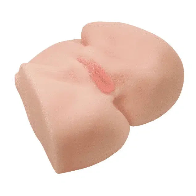 Realistic silicone torso adult toy with vaginal and anal openings, skin-toned, on white background
