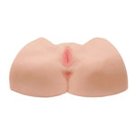 Realistic silicone sex toy with dual orifices on a white background.