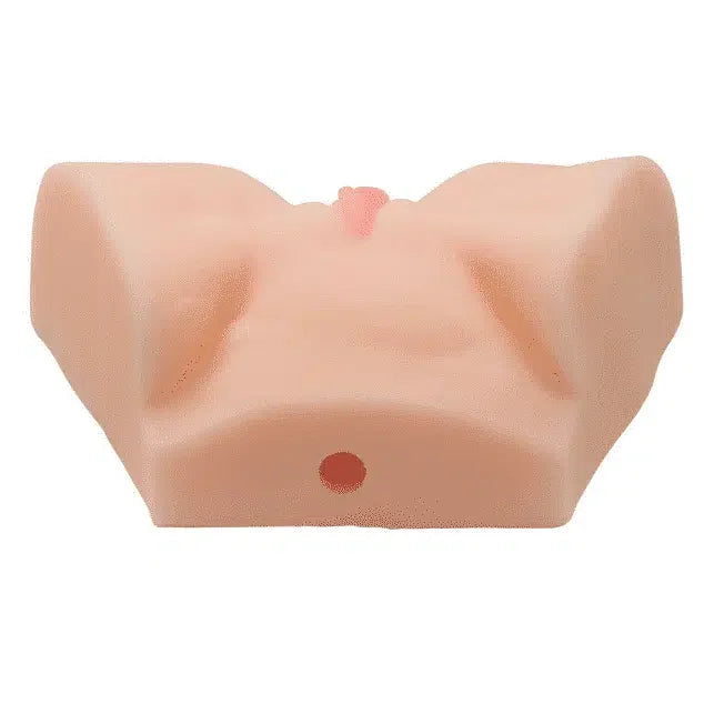 Realistic silicone male masturbator toy with vaginal and anal openings on white background