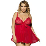 Woman wearing red plus size lace babydoll lingerie with sheer mesh skirt