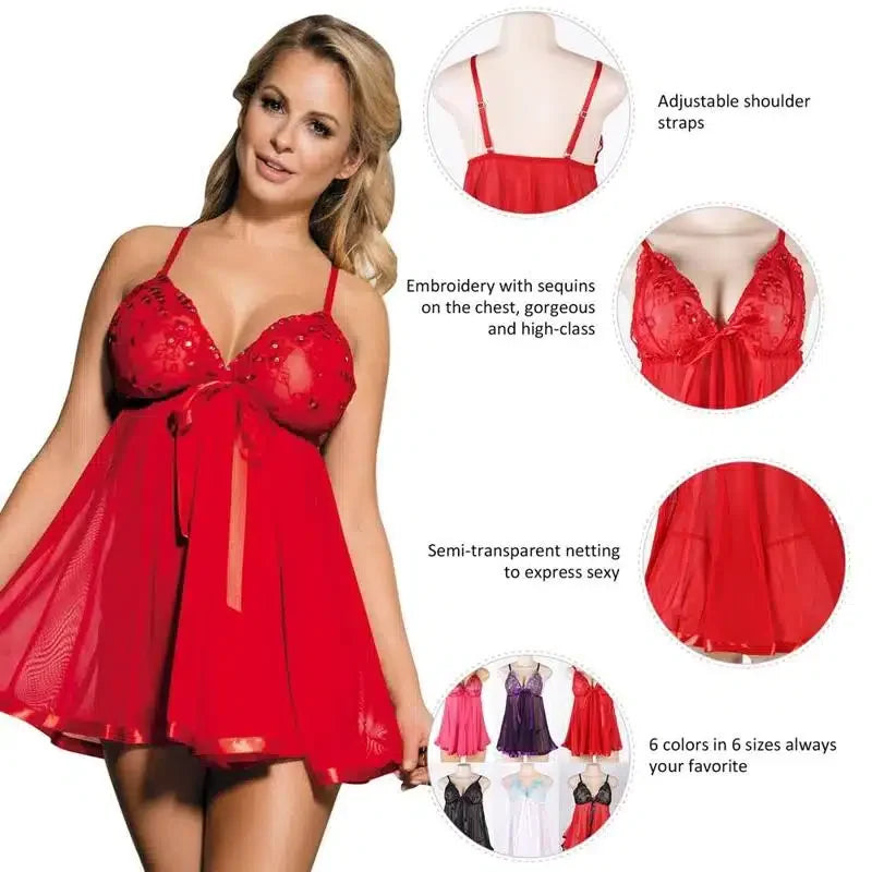 Woman modeling red babydoll lingerie with sheer skirt, sequin embroidery, and adjustable straps.