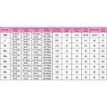 Size chart for women's lingerie showing bust, waist, hips, cup, and international sizes.