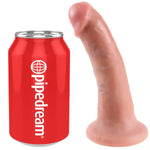 Realistic dildo with suction base next to red soda can for size reference, adult toy product photo