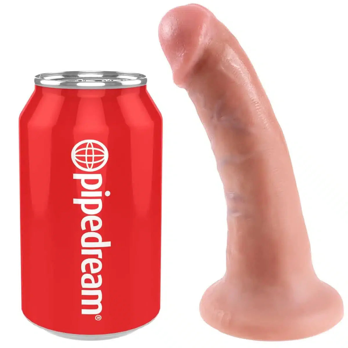 Realistic dildo with suction base next to red soda can for size reference, adult toy product photo