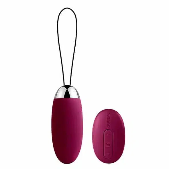 Purple remote controlled vibrating egg with silver accent and black retrieval cord