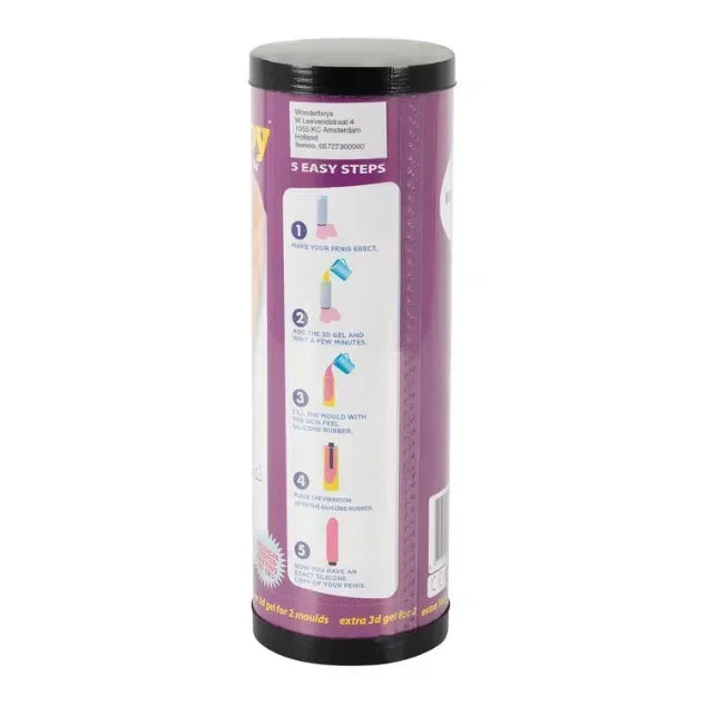 Purple cylindrical adult product kit with illustrated step-by-step instructions on packaging.