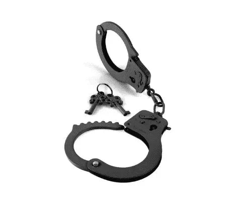Black metal handcuffs with two keys on a white background, bondage accessory.