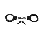 Black metal handcuffs with connecting chain and two keys on white background