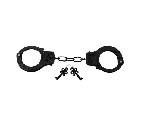 Black metal handcuffs with connecting chain and two keys on white background