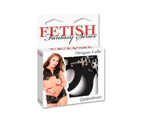 Black metal handcuffs in retail packaging labeled Fetish Fantasy Series Designer Cuffs