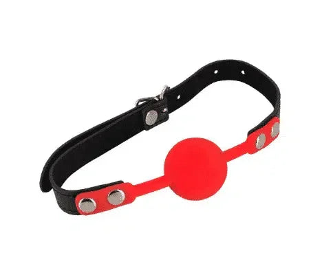 Adjustable black and red ball gag with buckle and snap closures on white background