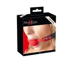 Packaging of a red silicone ball gag with black adjustable strap, modeled by a woman