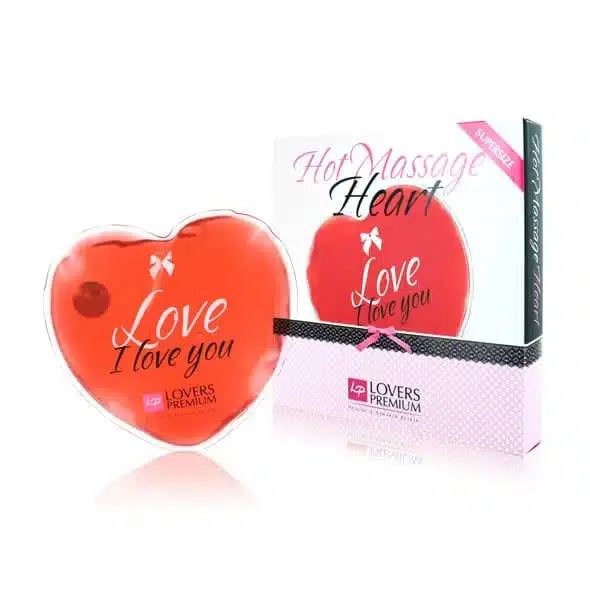 Heart-shaped red hot massage pad with 'Love I love you' text, gift box included