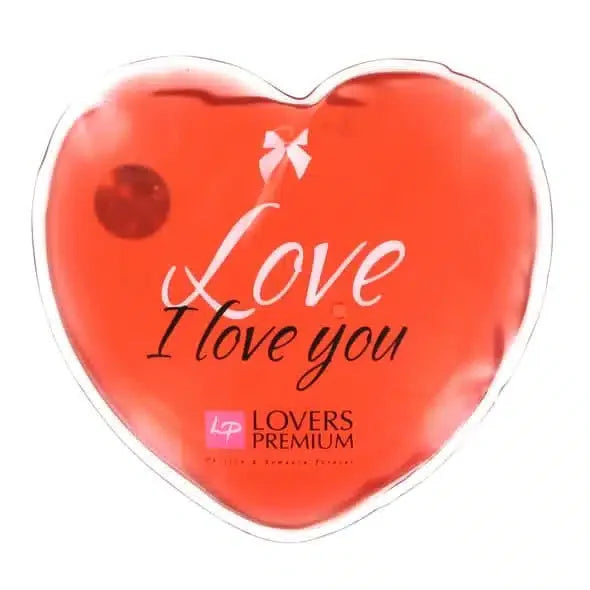 Heart-shaped red heat pad with 'Love I love you' text and Lovers Premium logo, romantic gift