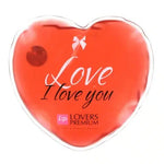 Heart-shaped red heat pad with 'Love I love you' text and Lovers Premium logo, romantic gift