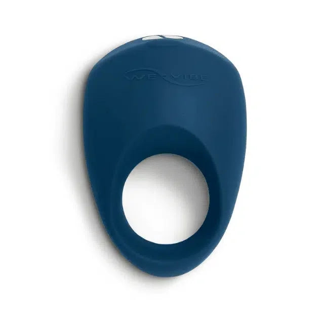 Blue silicone vibrating ring with button controls for couples' intimacy