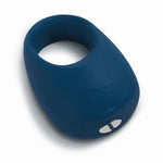 Blue vibrating silicone penis ring with curved design and control buttons for couples intimacy.