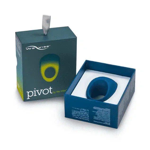 Blue vibrating ring in open box with packaging labeled 'pivot' on white background