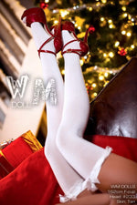 Realistic doll legs in white stockings and red high heels, festive Christmas background, gifts