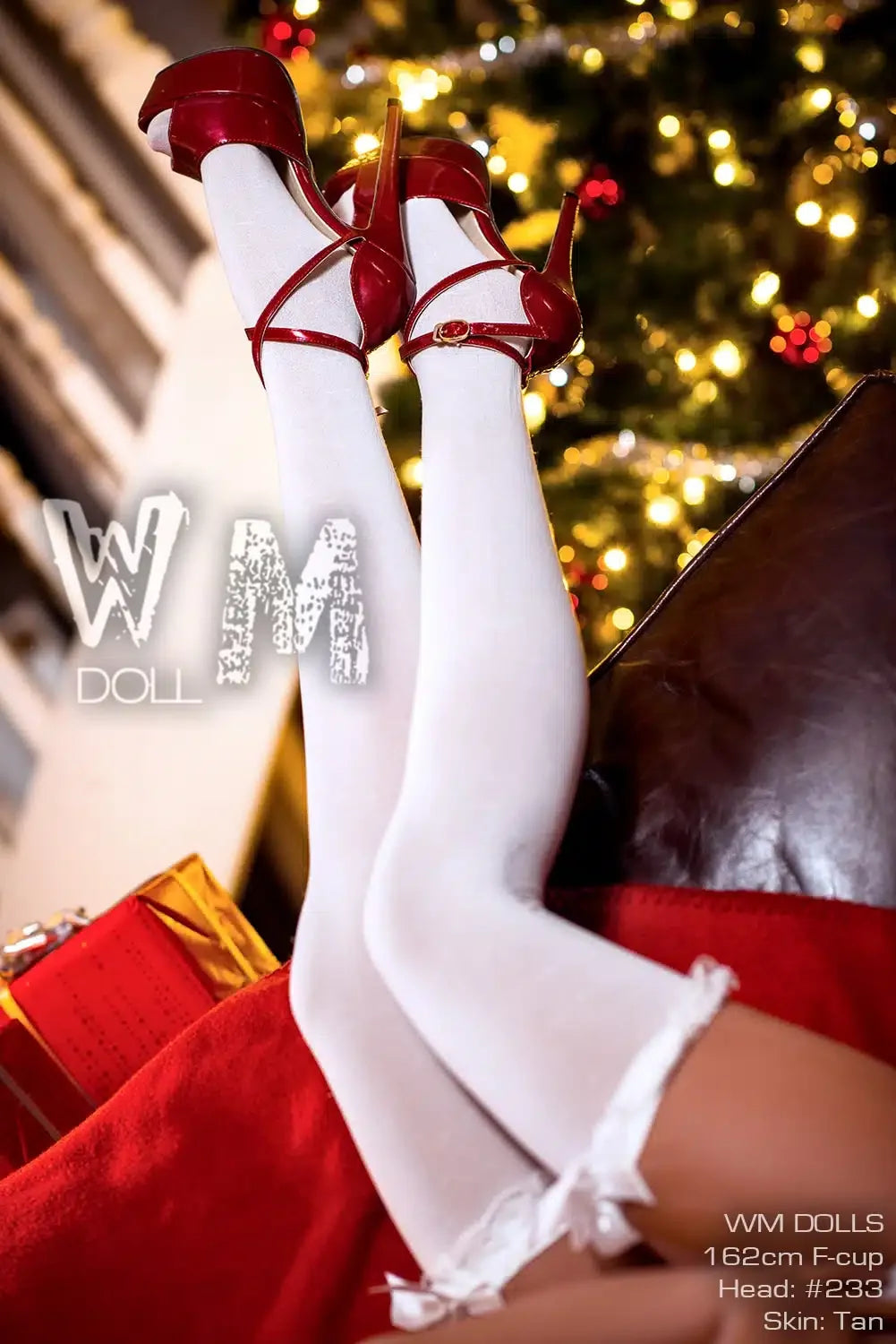 Realistic doll legs in white stockings and red high heels, festive Christmas background, gifts