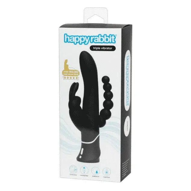 Happy Rabbit - Triple Curve Rabbitvibrator. Leketøyet kan oppbevares i esken når det ikke er i bruk