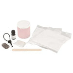 Hair removal wax kit with wax container, wooden spatula, strips, oil, and applicator brush