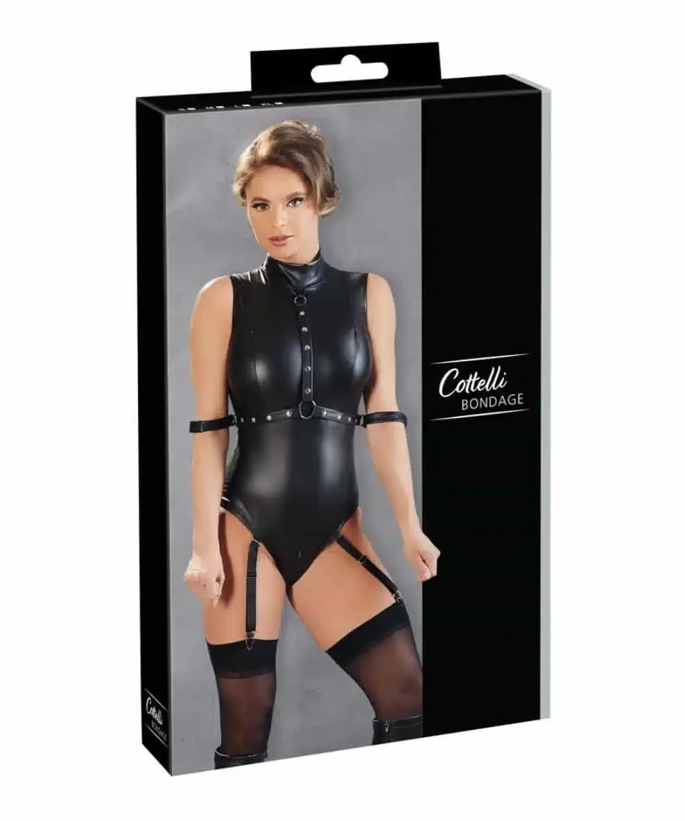 Woman wearing black faux leather bondage bodysuit with garters and stockings on product box