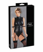 Woman wearing black faux leather bondage bodysuit with garters and stockings on product box