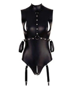 Black faux leather harness bodysuit with metal studs and garter straps on white background