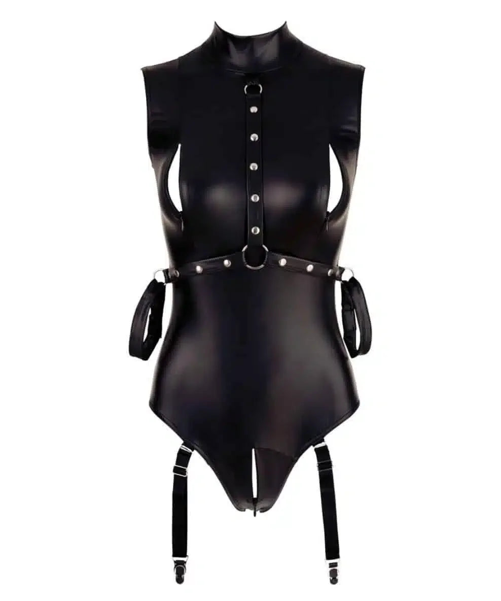 Black faux leather harness bodysuit with metal studs and garter straps on white background