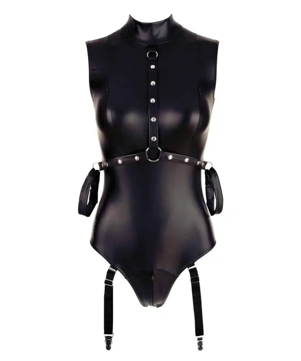 Black faux leather bodysuit with harness straps, high neck, studs, and attached garters.