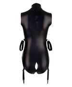 Black faux leather bodysuit with open crotch, garter straps, and wrist restraints