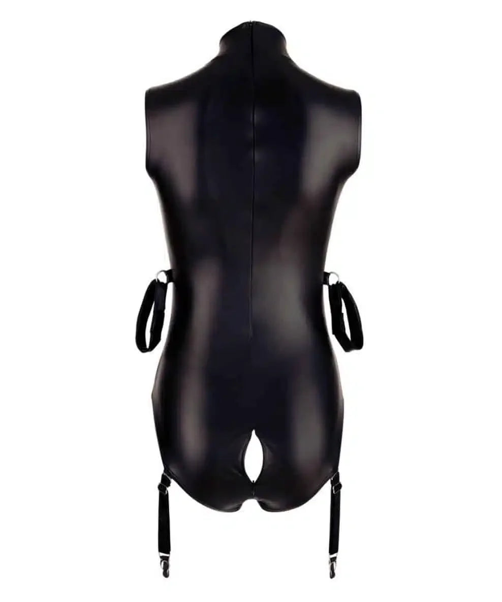 Black faux leather bodysuit with open crotch, garter straps, and wrist restraints