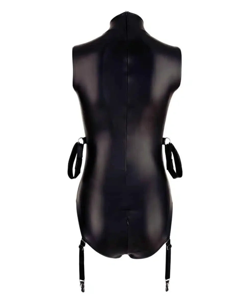 Black faux leather bondage bodysuit with straps and garters for adults