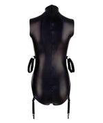 Black faux leather bondage bodysuit with straps and garters for adults